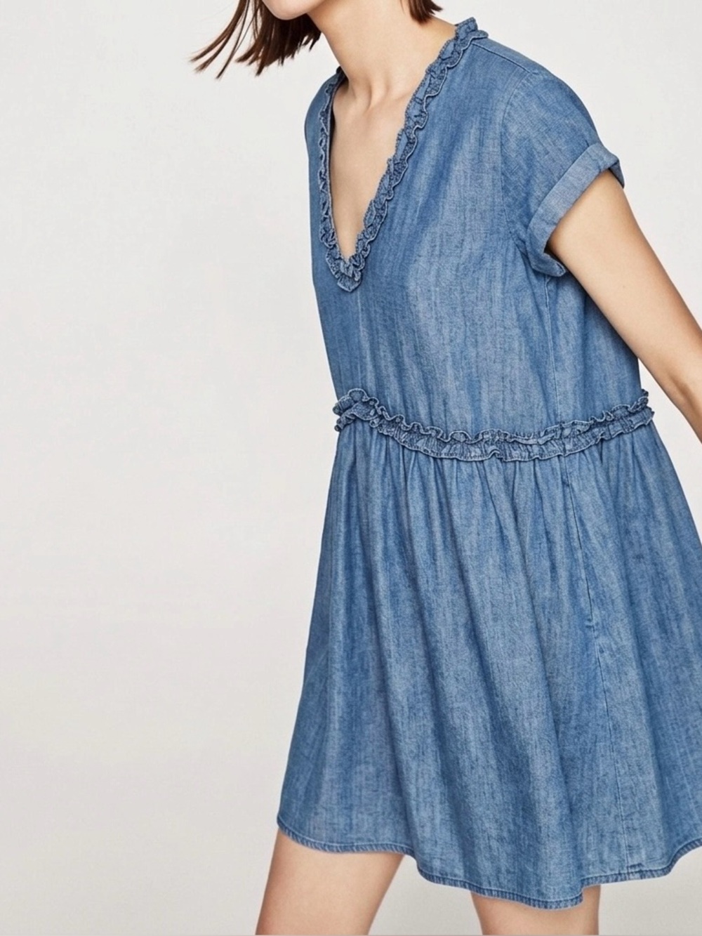 🤍 ZARA Tencel Chambray Denim JOIN LIFE Mini Dress with Frills